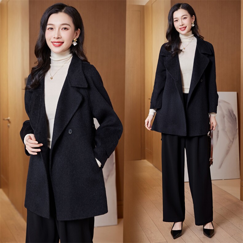 时尚显瘦系带双面羊毛呢大衣女外套气质百搭修身长款风衣,女装双面呢大衣,阿舍尔精品