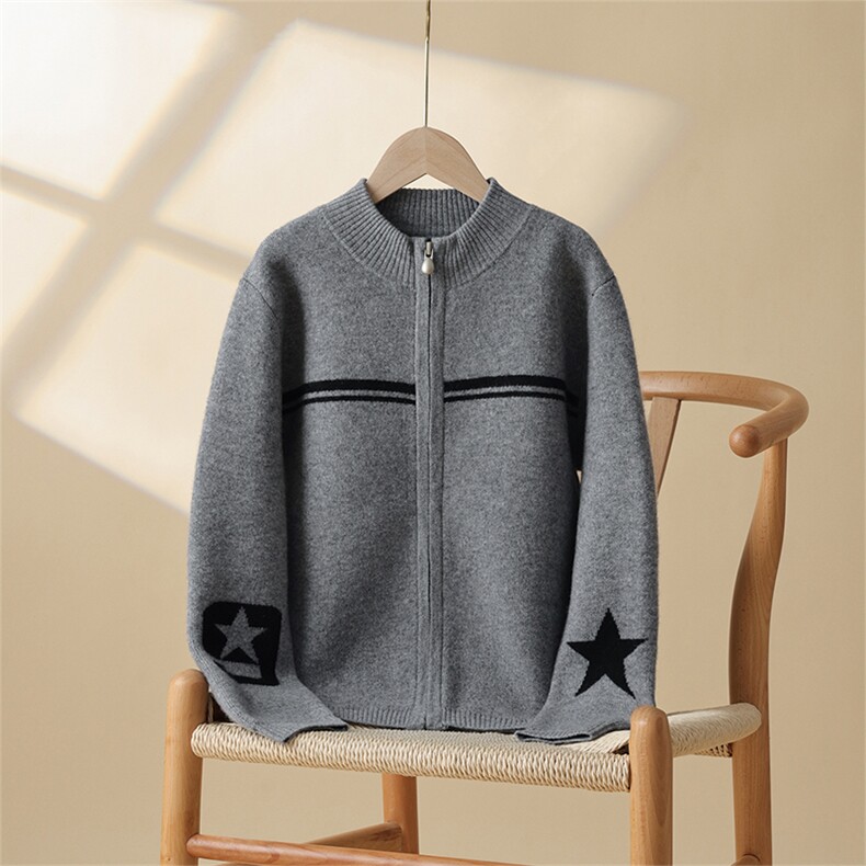 2025年秋季新款百搭儿童星星提花圆领撞色长袖开衫，童装儿童羊毛衫，魁星羊绒