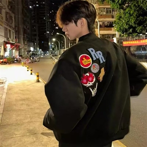 网红同款美式街头徽章字母刺绣棒球服外套男女宽松加厚高街夹克图片