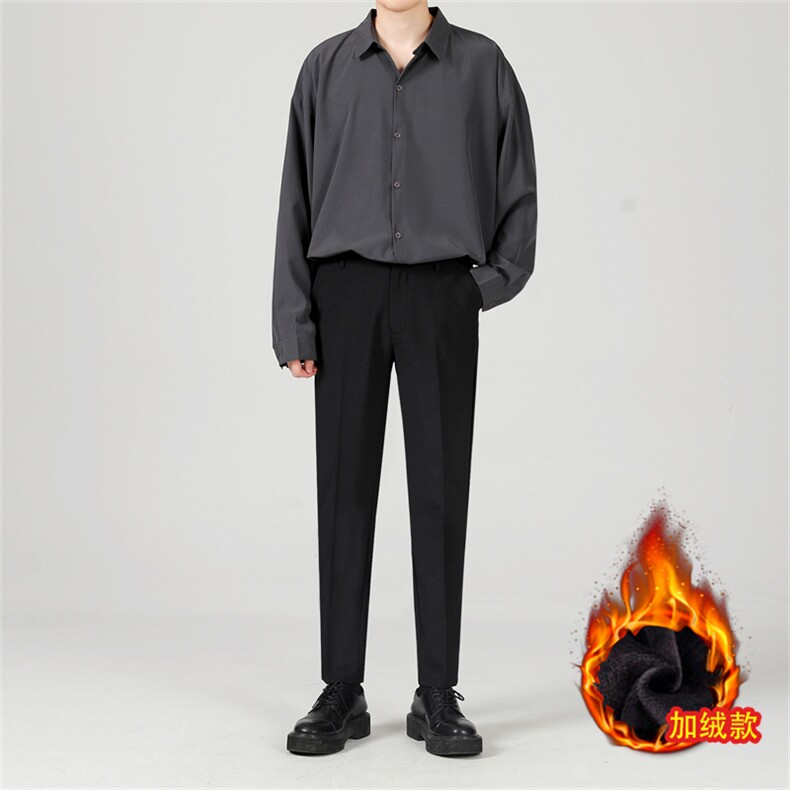 冰丝套装夏季九分西裤男宽松韩版休闲长裤免烫抗皱长袖衬衫两件套图片