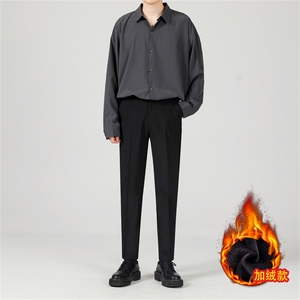 冰丝套装夏季九分西裤男宽松韩版休闲长裤免烫抗皱长袖衬衫两件套图片