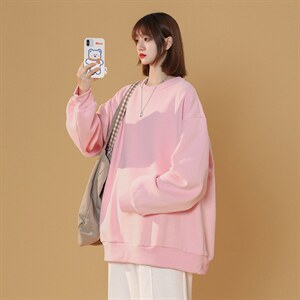 NQ545TP25 多色~ 春季2022情侣圆领上衣男女叠穿纯色宽松卫衣图片