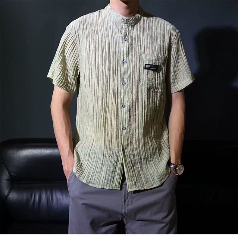 棉麻短袖衬衫男士夏季风休闲衬衣纯色薄款小立领男装上衣图片