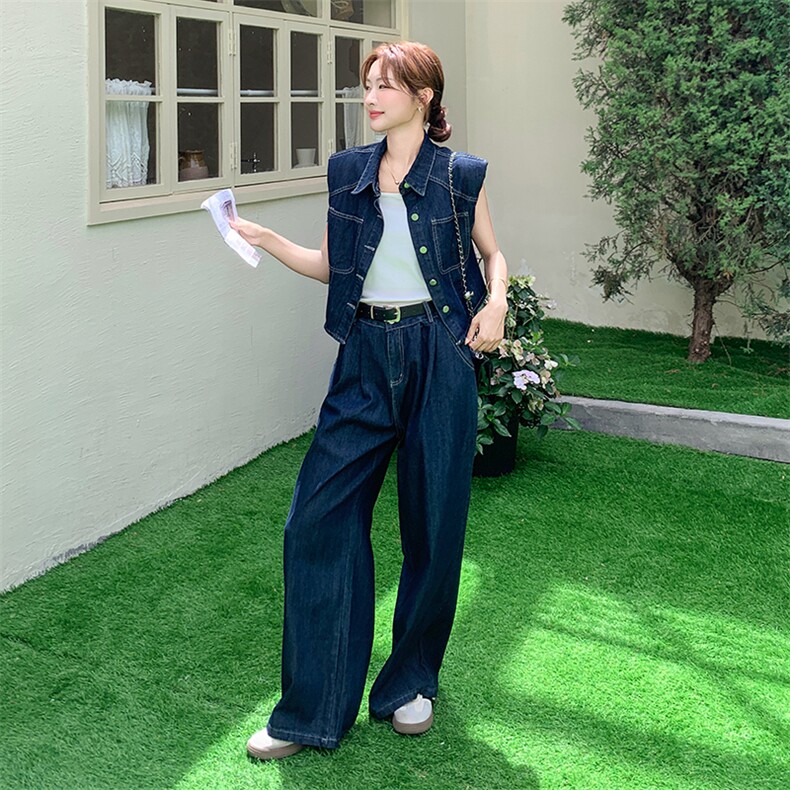 港风气质盐系穿搭工装风牛仔套装女2025夏季新款马甲阔腿裤两件套,女装套装/套裙,2D078
