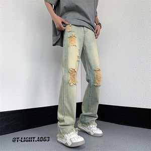 2023夏季美式高街破洞毛边小众弹力牛仔裤货号K723P65图片