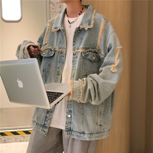 美式复古潮牌贴布刺绣机车风做旧外套男高街潮流BF风工装牛仔夹克图片