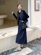 韩版通勤风时髦套装女2025秋季新款复古牛仔马甲上衣半身裙三件套，女装套装/套裙，1D102-1