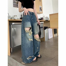 复古水洗做旧磨破牛仔裤女夏季2025新款辣妹高腰百搭潮酷阔腿长裤，男装牛仔裤，星座1210-1