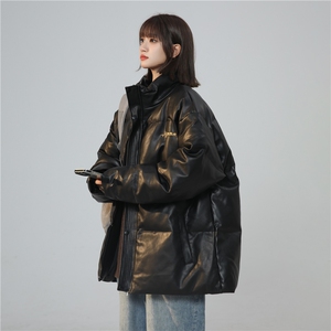 XZ-230-1MY05中性风宽松简约重磅PU皮刺绣休闲立领棉服P128控158图片