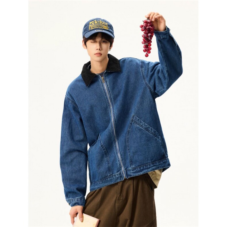 美式复古水洗蓝色短款牛仔外套男春秋潮牌cleanfit底特律工装夹克,男装工装外套,星座813-2