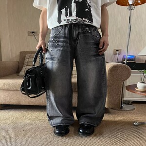 日系文艺新款长裤做旧铆钉闪电牛仔裤男女阔腿无品牌气质时尚潮流图片