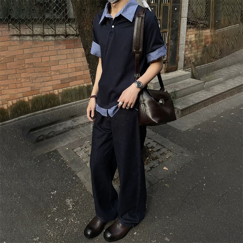 得物抖音高品质二开夏季美式潮牌高街假两件格子衬衣翻领短袖T恤,男装T恤,电商A486