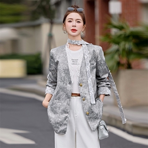 8587011欧货高端法式V领蕾丝拼接西装外套女2025春季飘带气质上衣图片