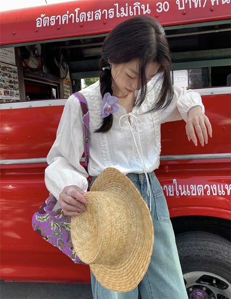 浪漫春夏~法式系带水溶棉花边领白衬衫别致温柔风衬衣,女装衬衫,湘姗