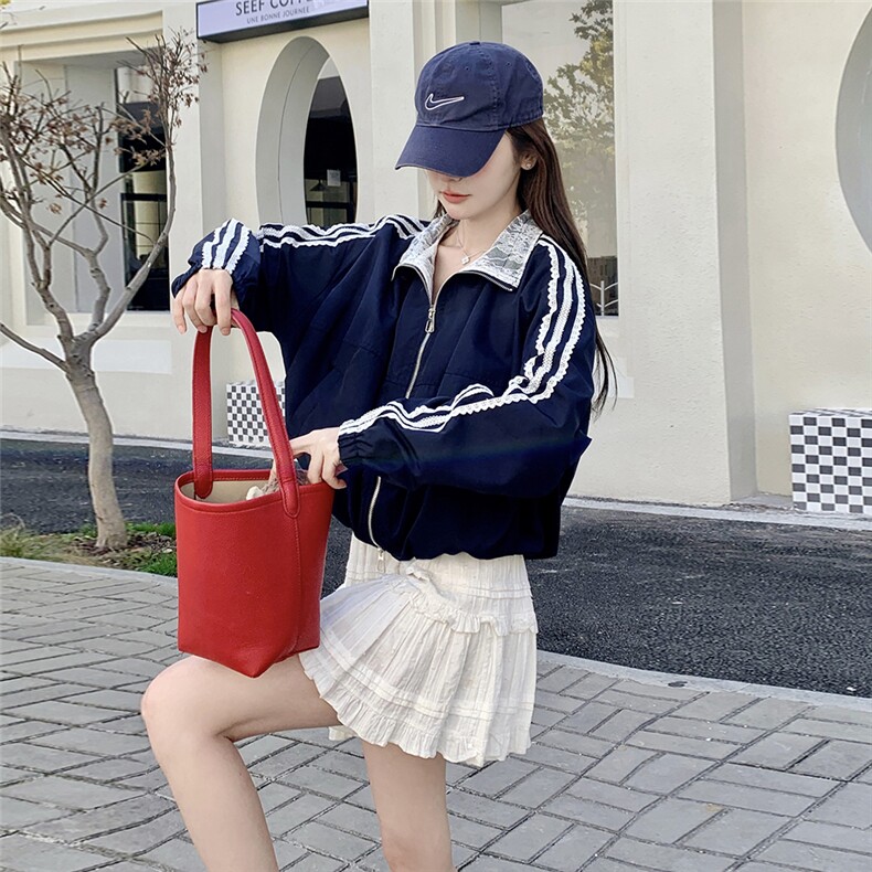 蕾丝拼接蓝色工装外套女春季2025今年流行韩系休闲宽松小个子上衣,女装短外套,2C323