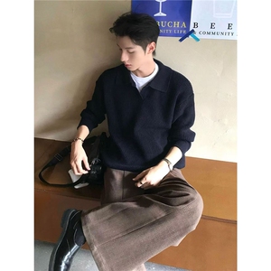 5015-P53 黑色polo领毛衣男秋冬美式复古套头针织衫cleanfit图片