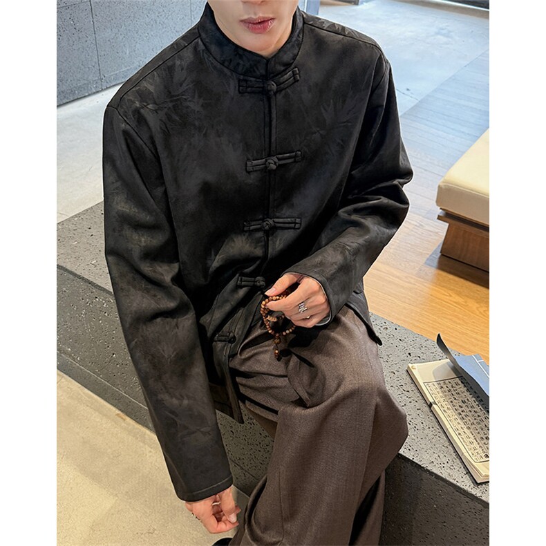 现货秋装新款男立领盘扣麂皮绒烫金竹叶外套夹克JK1818-P110控158图片