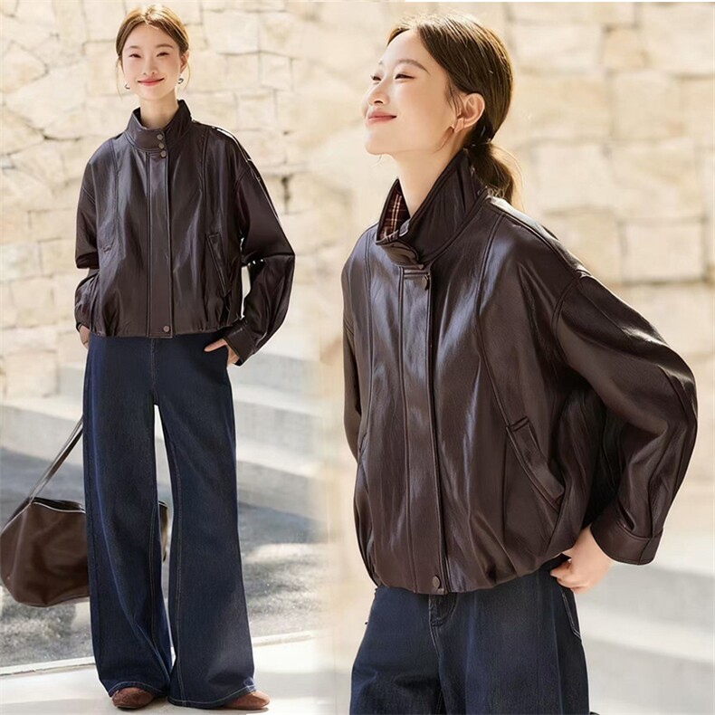 （现货）新款简约时尚摩登复古拼接格子皮衣外套女，女装皮衣，韩蔻秀