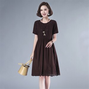 纯棉连衣裙女士2021夏装新款套头a字裙韩版圆领中长款中高腰裙子图片