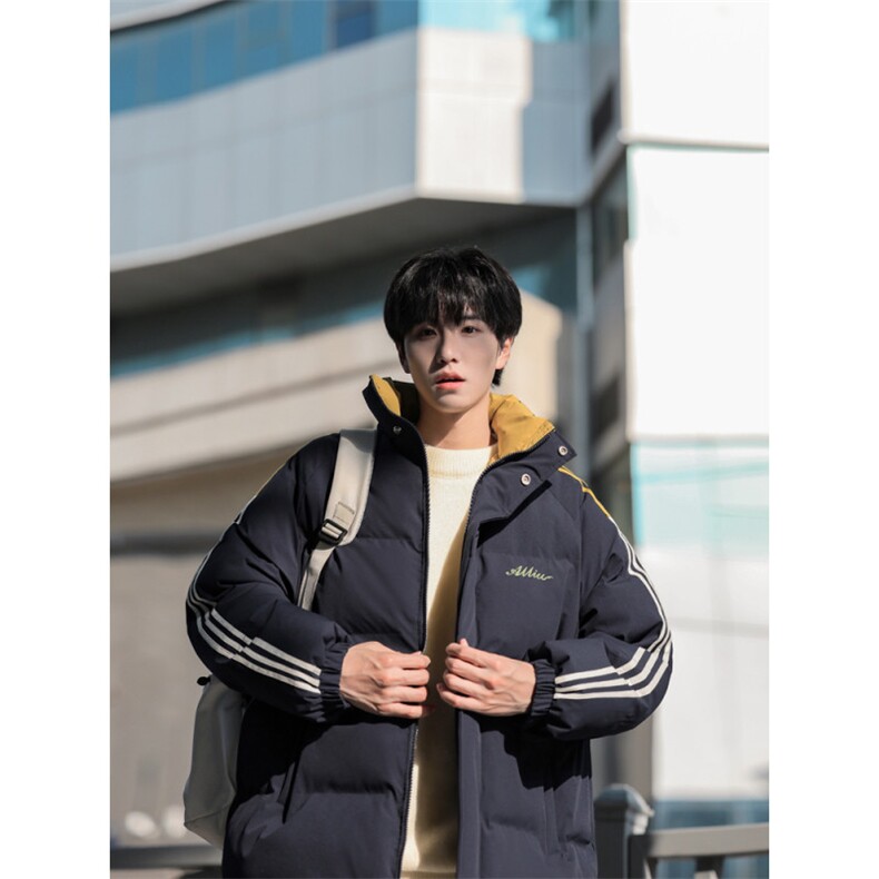 撞色条纹立领棉服男冬季美式设计感情侣面包服百搭棉衣P108X178,男装棉衣,星座803