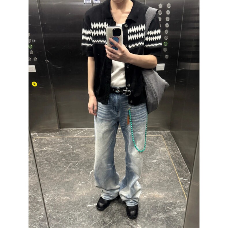 XZ1005-1-TTH615-P60开衫短袖男款夏季翻领针织T恤提花条纹半袖,男装T恤,星座1005-1