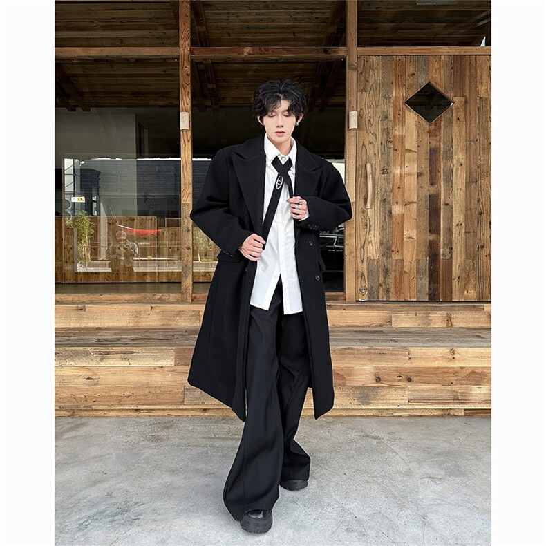 大货~韩系毛呢大衣男过膝加长款垫肩风衣外套Y907-P125图片