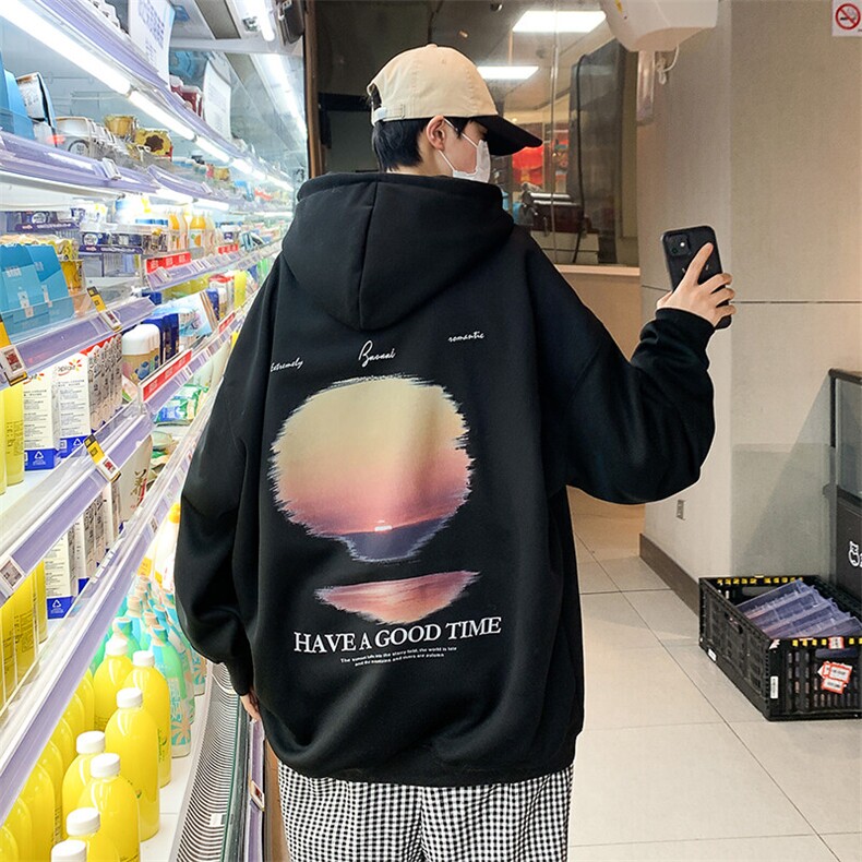 XZ517A-1-WY812P48控58港风大码夕阳风景印花连帽卫衣，男装卫衣，星座517A-1