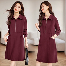 长袖连衣裙女2025年春装新款宽松休闲中年妈妈翻领中长款卫衣裙子，女装连衣裙，希欧阁