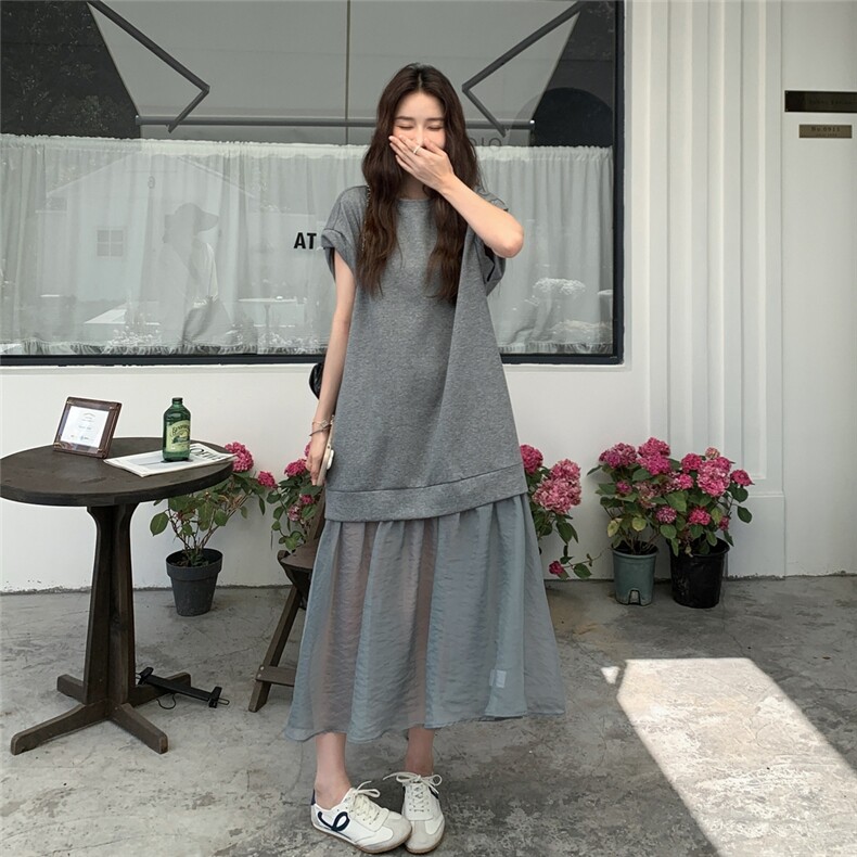 现货退换低韩系假两件网纱拼接连衣裙C258-2600-P125K188,女装连衣裙,2C258