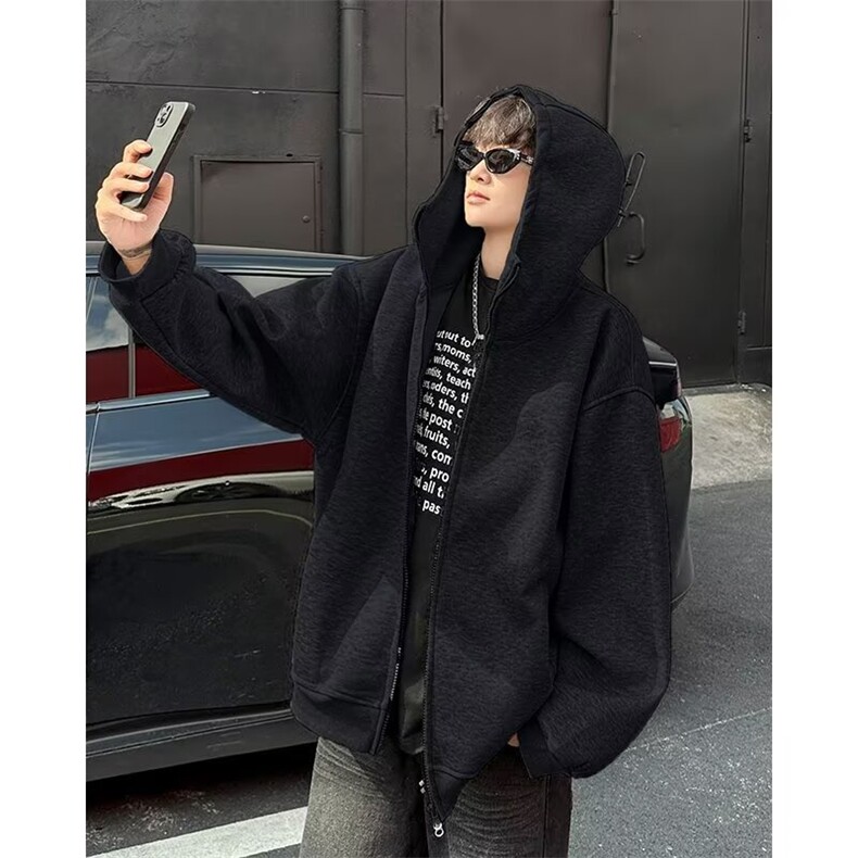 廓形连帽开衫卫衣外套男春秋季简约复古宽松休闲慵懒拉链WG126,男装卫衣,星座1116A-1（原606A）