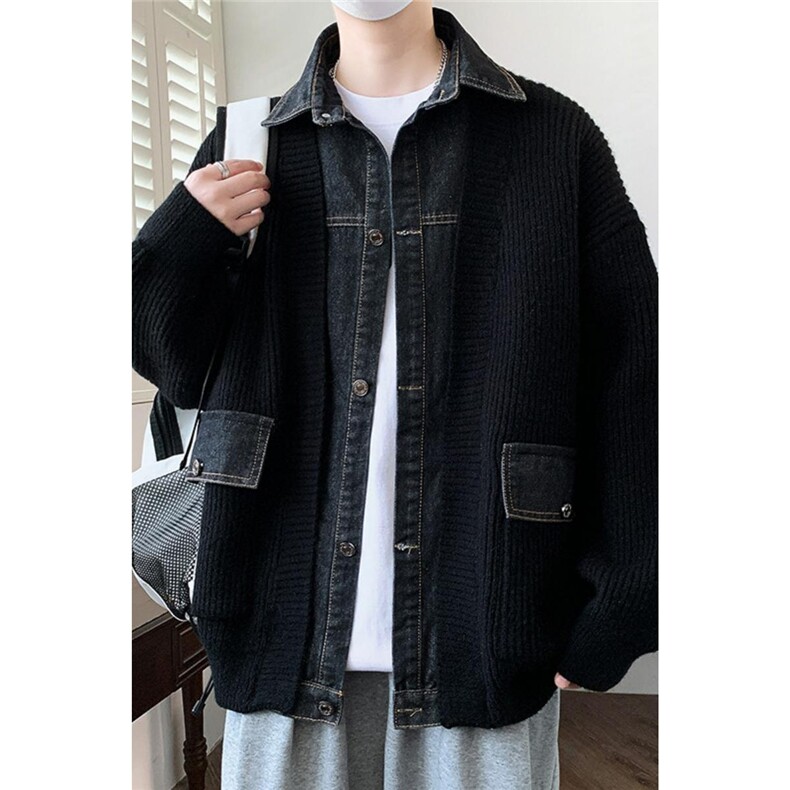 现货84877-特P88秋冬新款针织开衫毛衣男外套假两件拼接港风,男装针织衫/毛衣,电商D310B