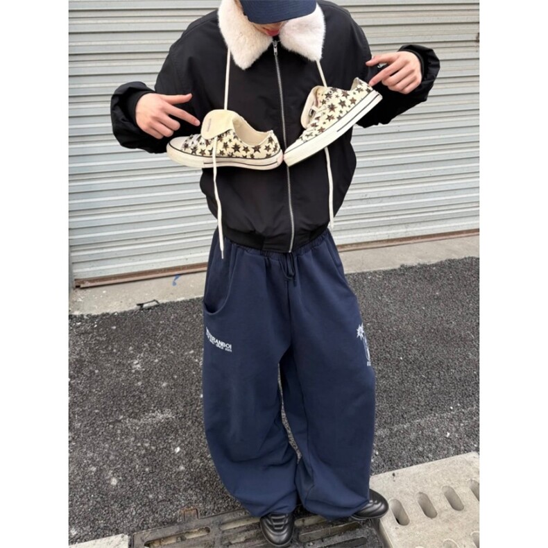 美式通勤字母藏青色抽绳卫裤男女同款百搭通勤宽松直筒休闲长裤,男装休闲裤,星座302B