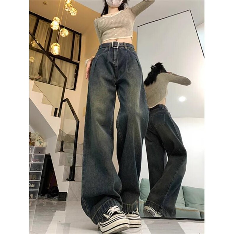 现货复古阔腿牛仔裤女春秋水泥灰高腰宽松直筒拖地裤子NK129-P48,男装牛仔裤,星座302B-2