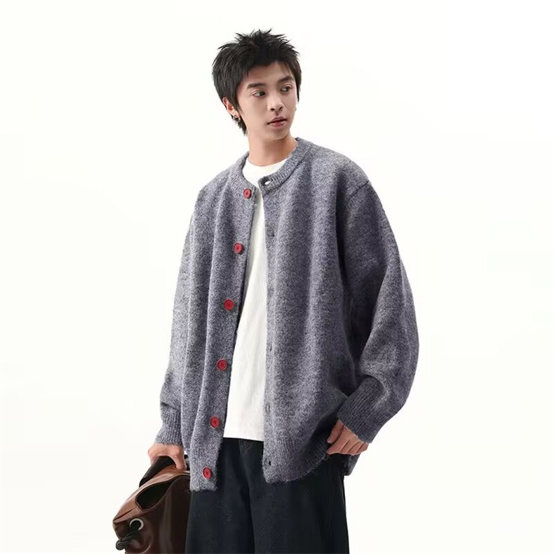 秋冬新款开衫毛衣美式复古休闲慵懒风针织衫男纯色外套M5811p58图片