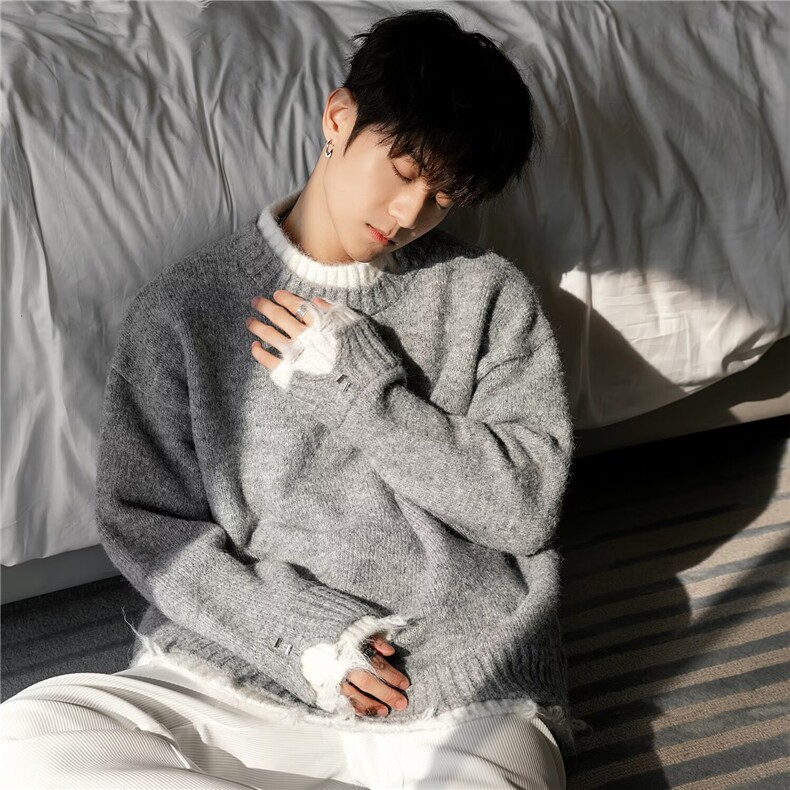 马海毛针织衫男士秋季韩系潮流慵懒风套头毛衣宽松圆领上衣,男装针织衫/毛衣,星座506A