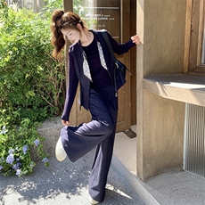 休闲气质马甲T恤阔腿裤套装女春秋盐系轻熟巨好看三件套爆款超火，女装套装/套裙，2C129