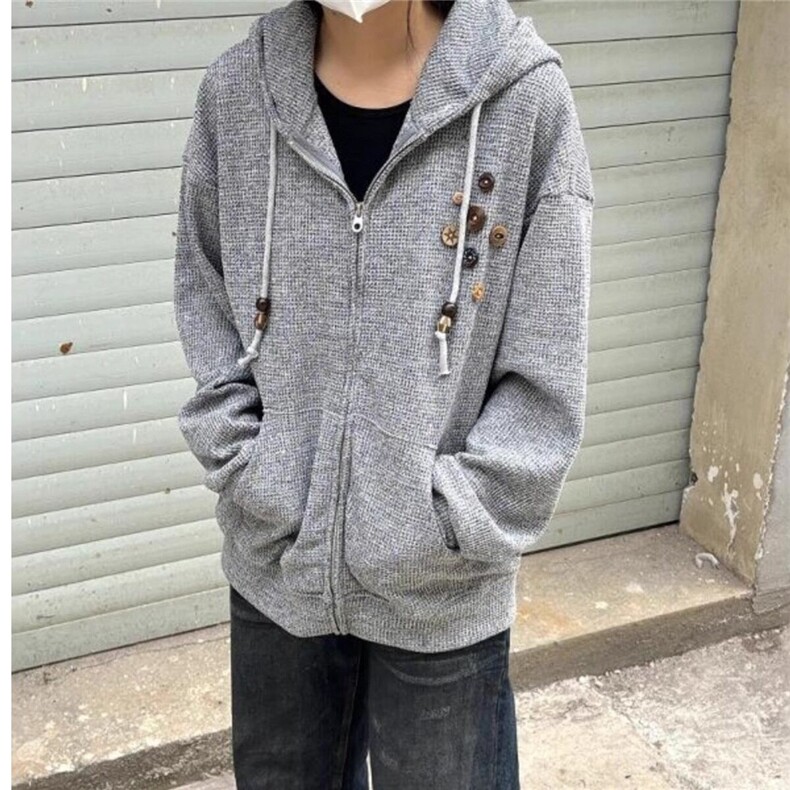 美式复古木质纽扣设计感针织连帽外套男女小众早秋慵懒风开衫卫衣,男装针织衫/毛衣,星座506A