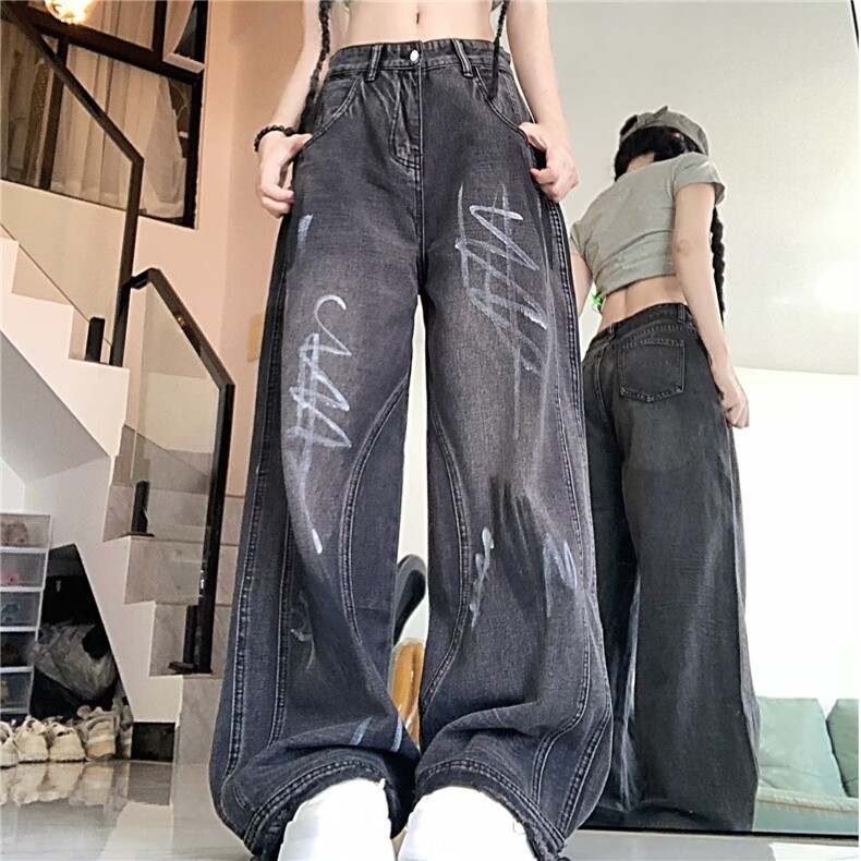 D9029-P58美式高街重工男女涂鸦牛仔裤秋季宽松阔腿裤-网图现货，男装牛仔裤，星座603-2