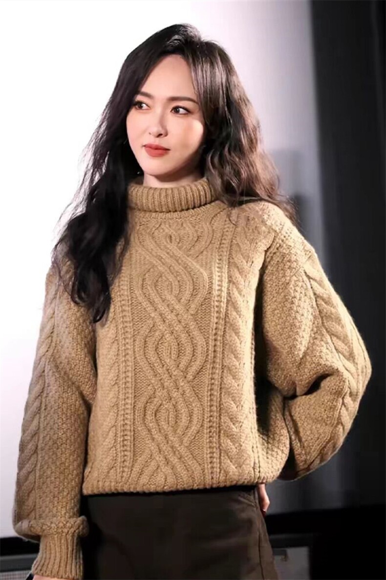 2024新款羊绒唐嫣同款卡其高领宽松羊毛针织衫麻花毛衣女,女装羊毛衫,莺澜羊绒