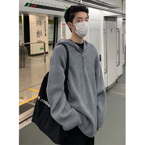 半拉链连帽毛衣男冬季宽松慵懒风针织衫外套男ins潮流 MB95图片