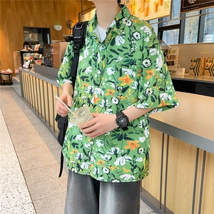 油画复古巴满印花衬衫男潮流港风高弹情侣短袖慵懒衬衣男 C649图片
