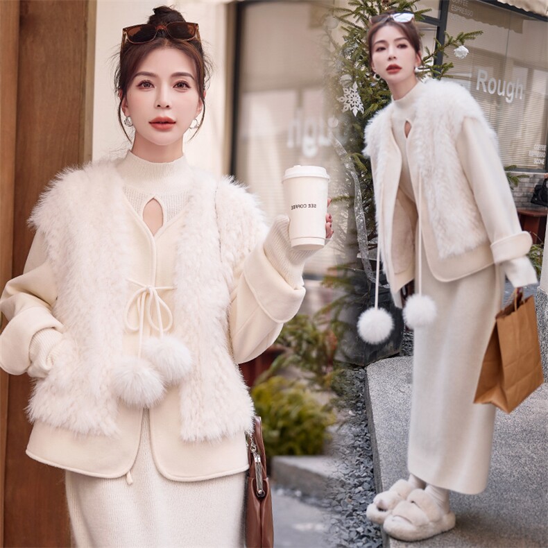 2023年冬季仿真皮毛一体小香风设计感拼接加厚小个子外套，女装皮草，韩蜜菓