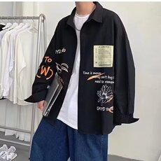 美式复古涂鸦设计感长袖衬衫男生秋季潮流休闲宽松青少年痞帅外套，男装衬衫，星座1210-1