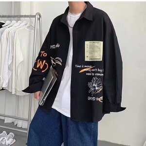美式复古涂鸦设计感长袖衬衫男生秋季潮流休闲宽松青少年痞帅外套图片