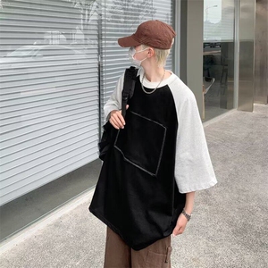 重磅拼色不规则圆领短袖T恤男加肥加大码潮胖子运动简约宽松夏装图片