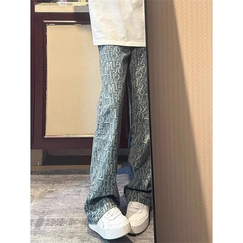 美式复古字母提花牛仔裤男春秋款潮牌cleanfit裤子高街直筒微喇裤,男装牛仔裤,四季星座505