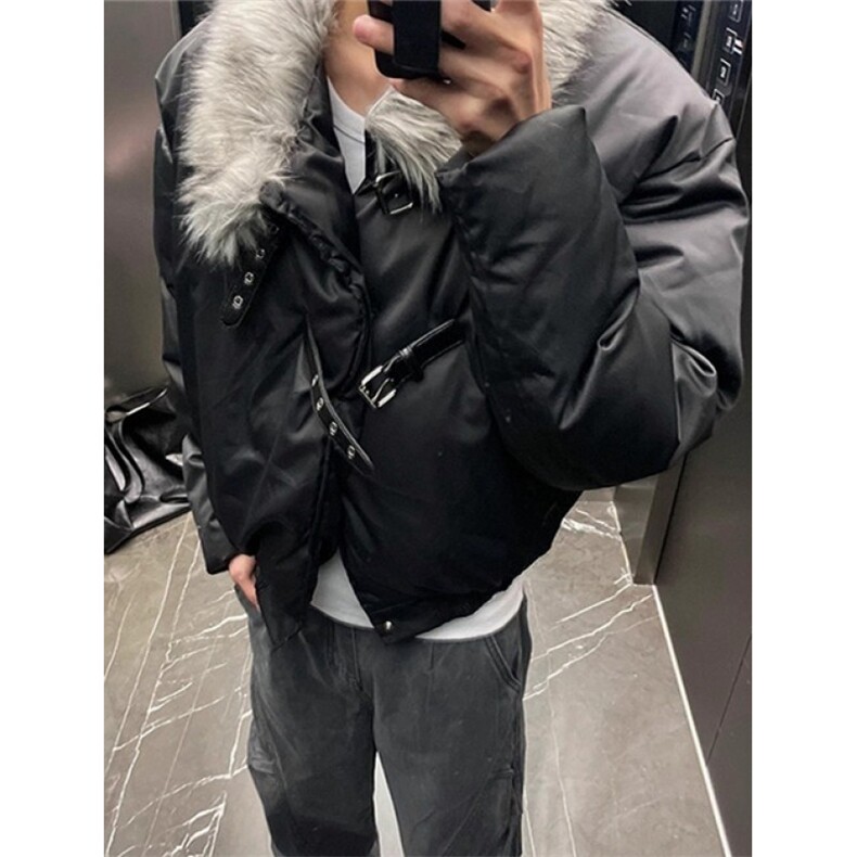 冬季新款黑色毛领夹克棉服男高街皮扣设计感棉衣外套MS6030,男装夹克,星座1116A（原606A-3）