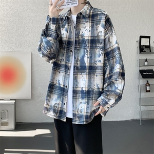 衬衫男秋冬新款港风宽松扎染格子长袖衬衣CS300-特P28图片