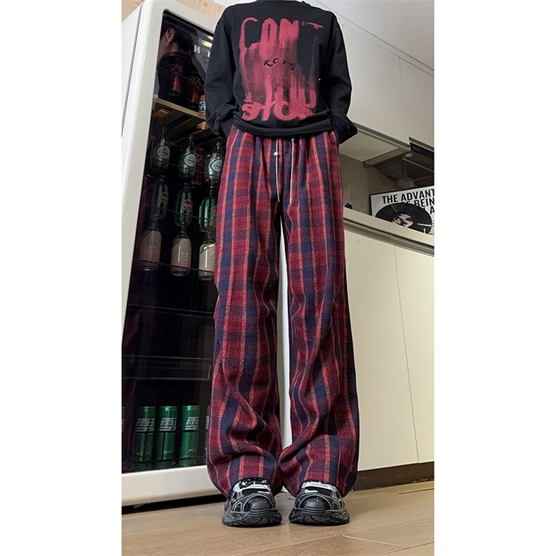 现货自家图美式红色格子毛呢宽松直筒阔腿休闲裤K661-P50控68，男装休闲裤，星座205-5