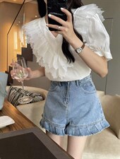 夏·新款2022 韩版V领纱不规则边纹上，其它，意妹EAMEI(3F)